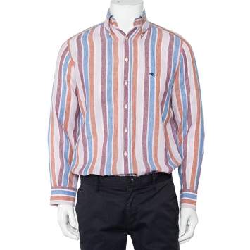 Pre Owned Etro Multicolor Striped Linen Button Front Shirt S