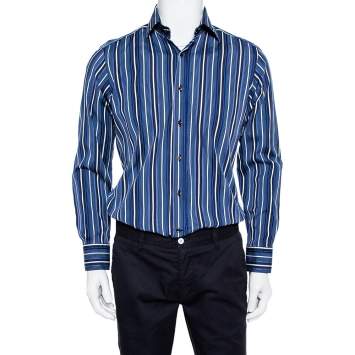 Pre Owned Etro Blue Striped Cotton Button Front Shirt M 