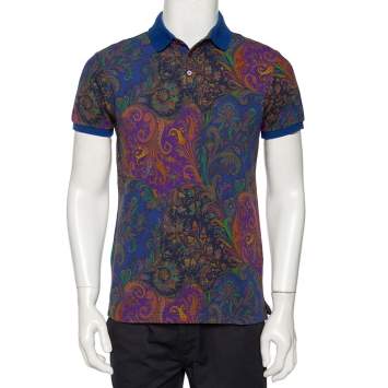 Pre Owned Etro Blue Paisley Printed Cotton Pique Polo T-Shirt M