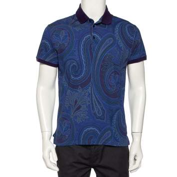 Pre Owned Etro Blue Paisley Printed Cotton Knit Polo T-Shirt M