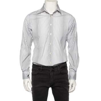 Pre Owned Etro Grey Gradient Stripe Cotton Front Button Shirt M