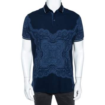 Pre Owned Etro Navy Blue Cotton Baroque Print Polo T-Shirt XL