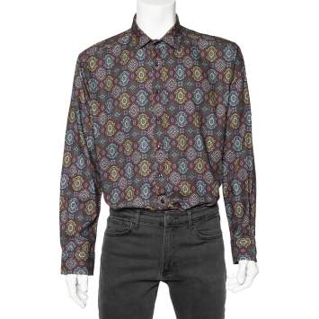 Pre Owned Etro Maroon Printed Cotton Blend Button Front Shirt 3XL