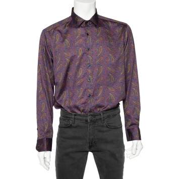Pre Owned Etro Purple Paisley Printed Cotton Button Front Shirt XXL 