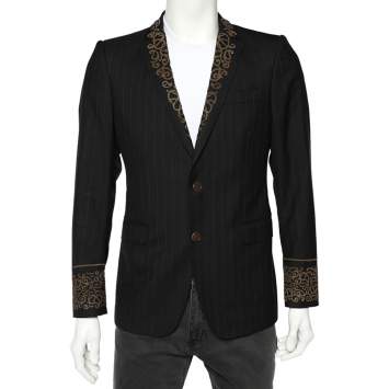 Pre Owned Etro Black Striped Wool Leather Trim Blazer M