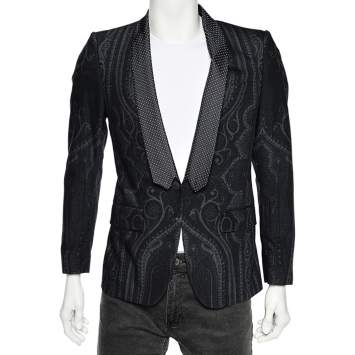 Pre Owned Etro Navy Blue Printed Wool Brocade Trim Blazer S