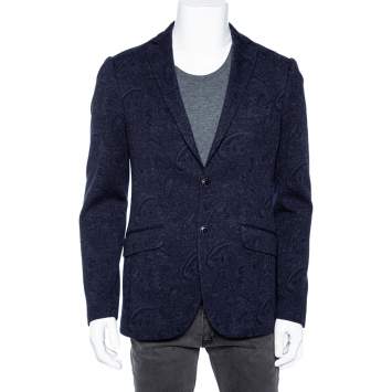 Pre Owned Etro Navy Blue Paisley Jacquard Wool New Jersey Blazer M