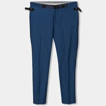 Pre Owned Etro Blue Textured Satin Trim Detailed Tapered Pants S