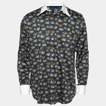 Pre Owned Etro Midnight Blue Floral Printed Cotton Contrast Collar & Cuff Detail Shirt M
