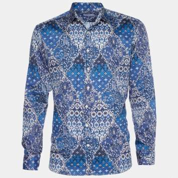 Pre Owned Etro Blue Paisley Print Cotton Button Front Shirt XXL