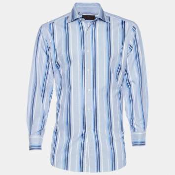 Pre Owned Etro Blue Striped Cotton Button Front Shirt L