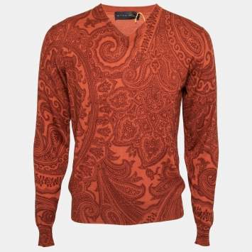 Pre Owned Etro Terracota Paisley Printed Knit V-Neck Sweater M