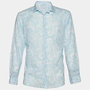 Pre Owned Etro Blue Paisley Print Cotton Button Front Shirt XL