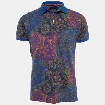 Pre Owned Etro Blue Paisley Printed Cotton Polo T-Shirt M