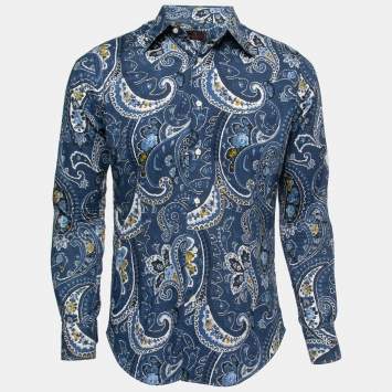 Pre Owned Etro Blue Floral Paisley Printed Cotton Button Front Shirt M