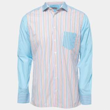 Pre Owned Etro Blue Multicolor Striped Cotton Button Front Shirt L