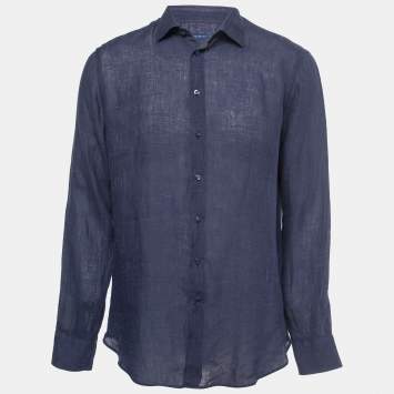 Pre Owned Etro Navy Blue Linen Full Sleeve Shirt XL
