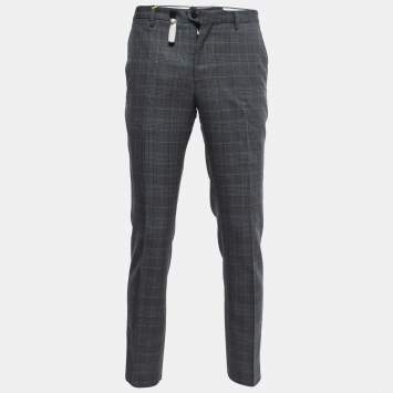 Pre Owned Etro Grey/Blue Plaid Wool Tailored Pants L