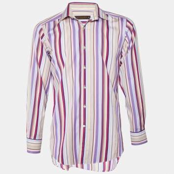 Pre Owned Etro Multicolor Printed Cotton Striped Button Front Shirt M