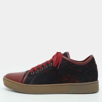 Pre Owned Etro Size 42 Navy Blue/Red Leather and Paisley Printed Velvet Low Top Sneakers