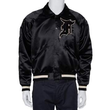 Pre Owned Fear of God Fifth Collection Black Satin Manuel Applique Detail Bomber Jacket S