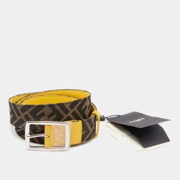 Pre Owned Fendi Tobacco/Mustard Zucca Canvas and Leather Trim Buckle Belt 95CM