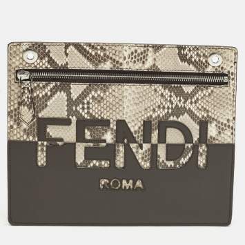 مملوكة مسبقًا Fendi Logo Brown/Beige Leather and Python Flat Pouch