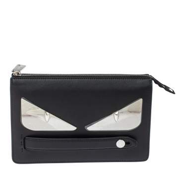 Pre Owned Fendi Black Leather and Metal Bag Bugs Eyes Clutch