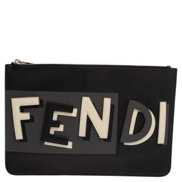 Pre Owned Fendi Black Leather Vocabulary 3D Logo Zip Pouch