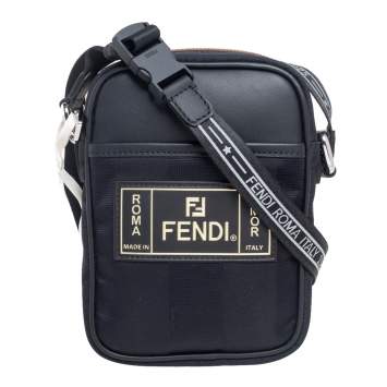 Pre Owned Fendi Black Pequin Nylon Small Logo Patch Messenger Bag