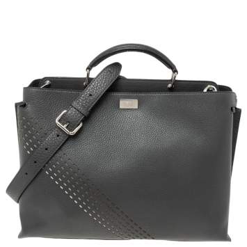 Pre Owned Fendi Grey Leather Peekaboo Iconic Essential Palladium Finish Briefcase