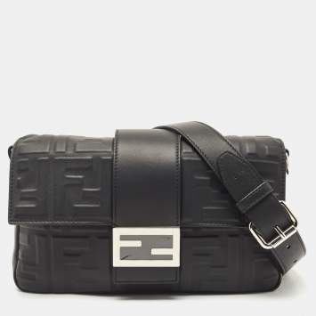 Pre Owned Fendi Black Zucca Embossed Leather Baguette Convertible Bag