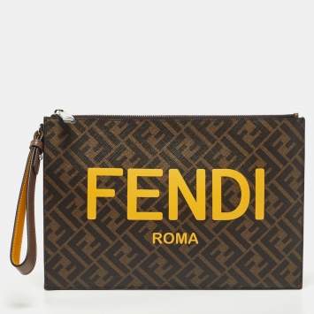 Pre Owned Fendi Tobacco Zucca Coated Canvas FENDI ROMA Flat Wristlet Pouch