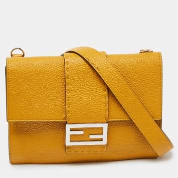 Pre Owned Fendi Yellow Selleria Leather Flat Baguette Messenger Bag