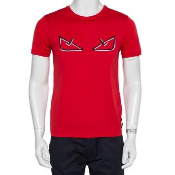 Pre Owned Fendi Red Cotton Laser Cut Monster Eyes Crewneck T-shirt S