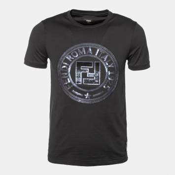 Pre Owned Fendi Black Cotton Logo Embellished Short Sleeve T-Shirt S