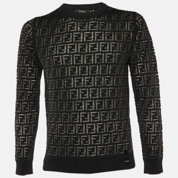 Pre Owned Fendi Black Monogram Wool Sheer Detail Jumper S