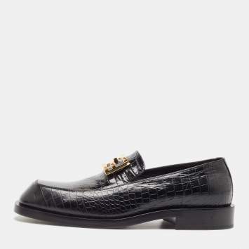 Pre Owned Fendi Black Cro Embossed Leather Ff Baguette-Motif Loafers Size 42