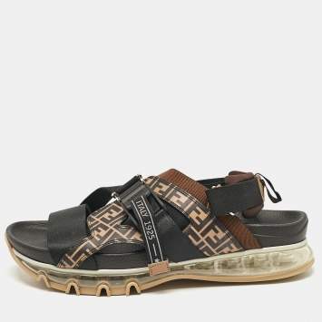Pre Owned Fendi Brown/Black Zucca Leather and Canvas Flat Sandals Size 43