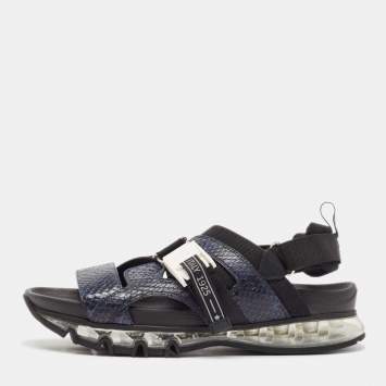 Pre Owned Fendi Blue/Black Python and Canvas Flat Sandals Size 43