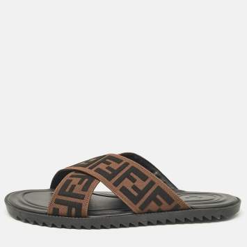Pre Owned Fendi Brown/Black Zucca Canvas Cross Strap Slides Size 44
