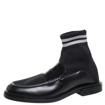 Pre Owned  Fendi Black Knit Fabric And Leather High Top Sock Penny Loafers Size 44