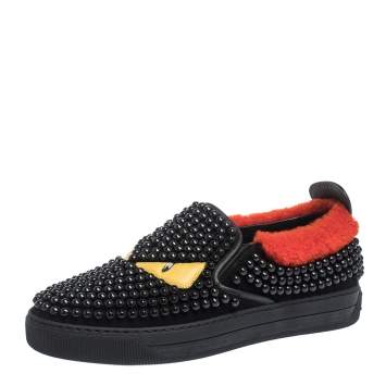 Pre Owned Fendi Black/Red Studded Suede and Leather Monster Slip On Sneakers Size 39