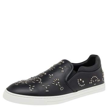 Pre Owned Fendi Black Leather Studded Slip On Sneakers Size 42.5