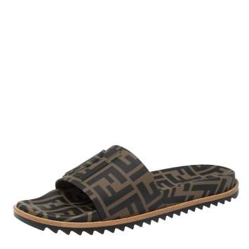 Pre Owned Fendi Brown/Black Zucca Rubber Flat Slide Sandals Size 43