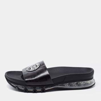 Pre Owned Fendi Black Leather Logo Embossed Flat Slides Size 42
