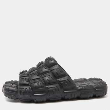Pre Owned Fendi Black Logo Embossed Rubber Cloud Slides Size 44