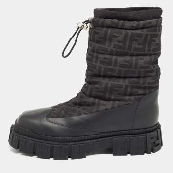 Pre Owned Fendi Black Fabric and Leather Snow Boots Size 42