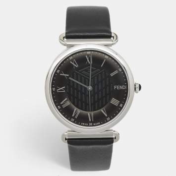 Pre Owned Fendi Black Stainless Steel Leather Palazzo F137060201 Men's Wristwatch 41 mm
