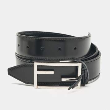 Pre Owned Fendi Black/Navy Blue Leather FF Buckle Reversible Belt 85 CM